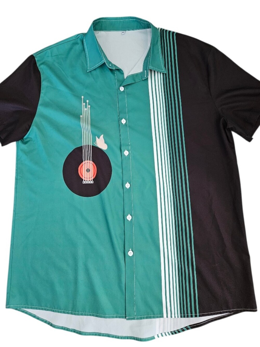 Men's Guitar Themed Green and Black Short Sleeve Button-Up Shirt, XL